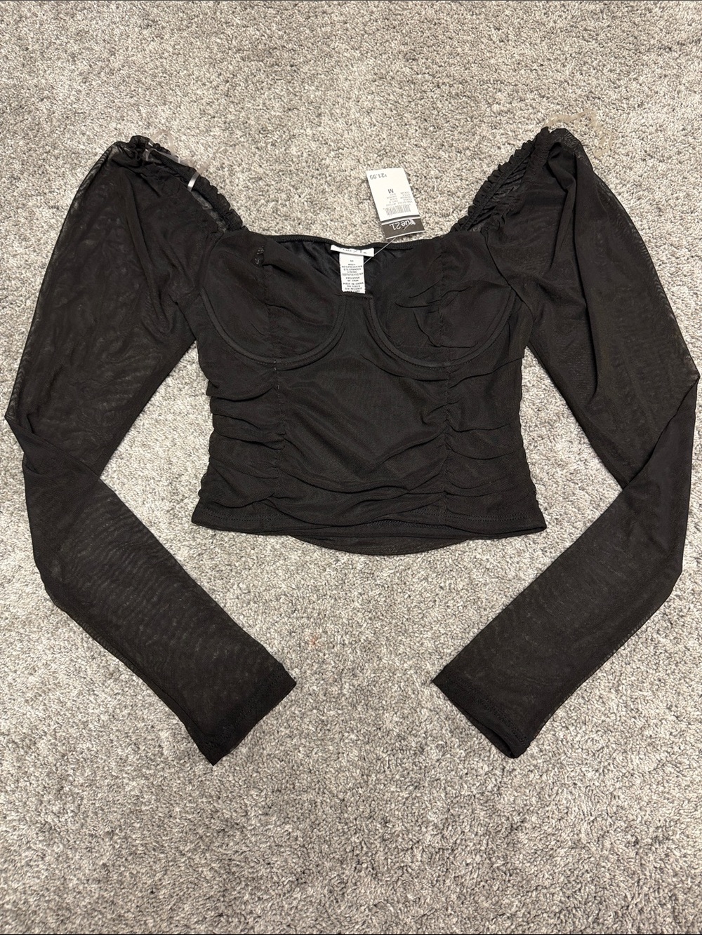 Rue21 Black Long-Sleeve Ruched Mesh Crop Top